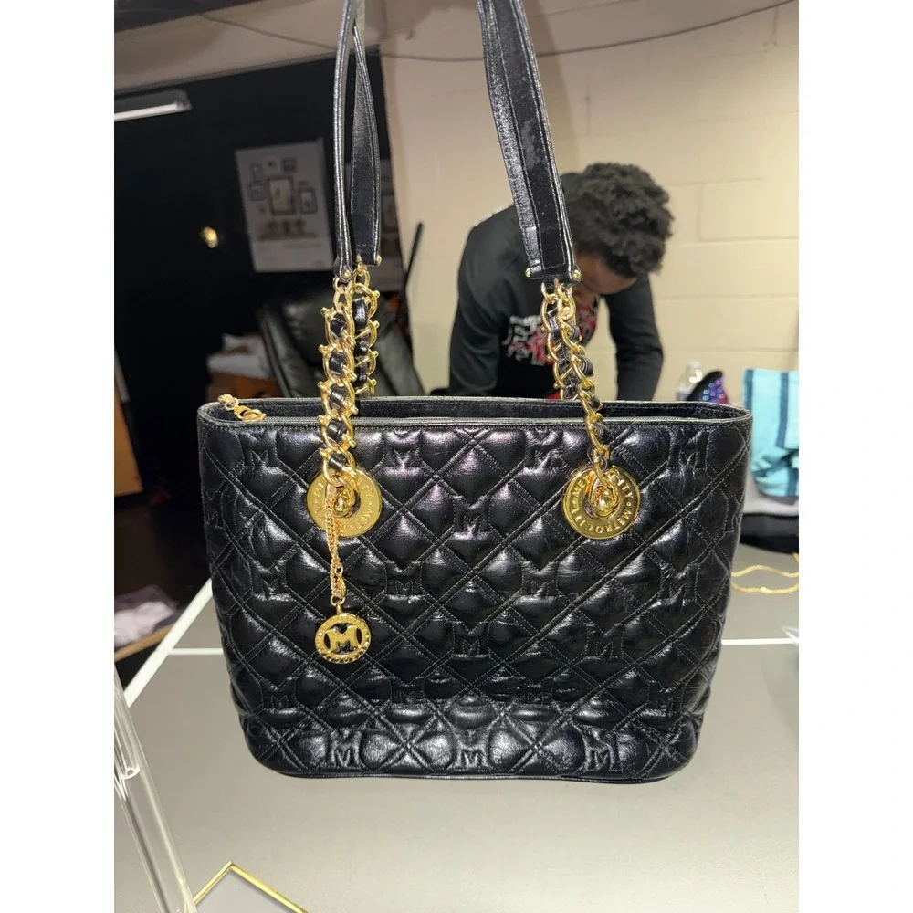 Metrocity Black Quilted Leather‎ Tote Bag Gold Hardware Logo Charm Shoulder Bag